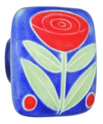 Large Square Dark Blue with Flower & 2 Berries Ceramic Cabinet Pull