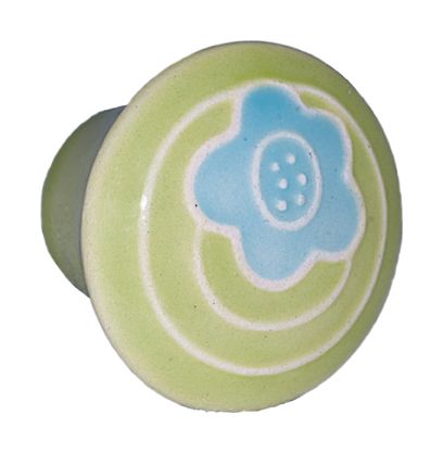 Small Round Light Green with Blue Flower Ceramic Cabinet Pull