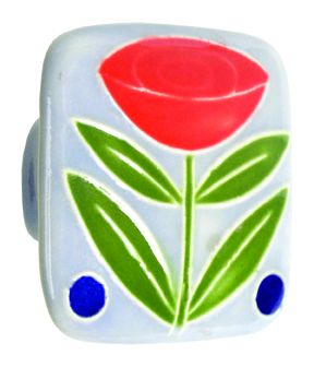 Large Square Light Blue with Flower & 2 Berries Ceramic Cabinet Pull