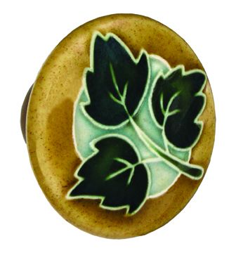 Large Round Tan with 3 Green Leaves Ceramic Cabinet Pull