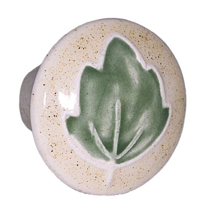 Small Round Tan with Green Leaf Ceramic Cabinet Pull