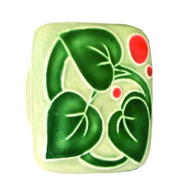 Large Square 3 Leaves 3 Red Berries Ceramic Cabinet Pull
