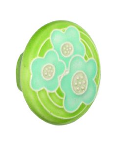 Large Round Light Green with 3 Blue Flowers Ceramic Cabinet Pull